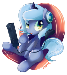 Size: 911x1025 | Tagged: safe, artist:maren, character:princess luna, species:alicorn, species:pony, gamer luna, g4, controller, filly, magic, solo, wii remote, wiimote, woona