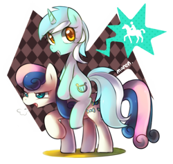 Size: 1140x1085 | Tagged: safe, artist:maren, character:bon bon, character:lyra heartstrings, character:sweetie drops, species:earth pony, species:pony, species:unicorn, g4, bon bon is not amused, breath, duo, female, mare, ponies riding ponies, raised hoof, riding, sigh, smiling