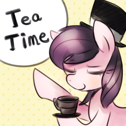 Size: 800x800 | Tagged: safe, artist:maren, character:suri polomare, oc, oc only, species:earth pony, species:pony, g4, clothing, hat, pixiv, plate, solo, tea, teacup, top hat