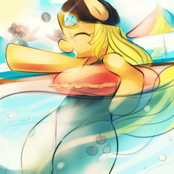 Size: 1200x1200 | Tagged: safe, artist:maren, character:applejack, character:pinkie pie, character:twilight sparkle, g4, clothing, one-piece swimsuit, pixiv, school swimsuit, swimming pool, swimsuit