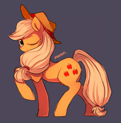 Size: 1465x1495 | Tagged: safe, artist:maren, character:applejack, species:earth pony, species:pony, g4, one eye closed, pixiv, raised hoof, simple background, solo, wink