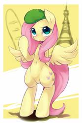 Size: 1200x1800 | Tagged: safe, artist:maren, character:fluttershy, species:pegasus, species:pony, g4, baguette, belly button, beret, clothing, eiffel tower, france, hat, pixiv, solo