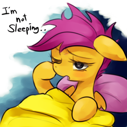 Size: 1200x1200 | Tagged: safe, artist:maren, character:scootaloo, species:pegasus, species:pony, episode:sleepless in ponyville, g4, my little pony: friendship is magic, bed, bed mane, cute, cutealoo, female, filly, messy mane, morning ponies, one eye closed, pillow, solo, tired