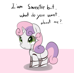 Size: 1280x1261 | Tagged: dead source, safe, artist:maren, character:sweetie belle, species:pony, species:unicorn, sweetie bot, g4, blank flank, female, filly, foal, hooves, horn, robot, solo, sweetierpg, text
