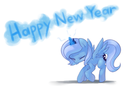 Size: 1749x1220 | Tagged: safe, artist:maren, character:princess luna, species:alicorn, species:pony, g4, filly, happy new year, solo, woona