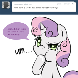 Size: 1000x1000 | Tagged: safe, artist:maren, character:sweetie belle, species:pony, species:unicorn, g4, ask, asksweetiebelle-kor, puffy cheeks, solo, sweetierpg, translation, tumblr