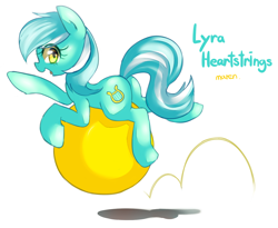 Size: 1300x1067 | Tagged: safe, artist:maren, character:lyra heartstrings, species:pony, species:unicorn, g4, ball, bouncing, plot, riding, solo