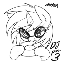 Size: 1024x1024 | Tagged: safe, artist:maren, character:dj pon-3, character:vinyl scratch, species:pony, species:unicorn, g4, grayscale, monochrome, record, solo