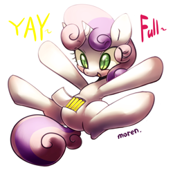 Size: 1224x1211 | Tagged: safe, artist:maren, character:sweetie belle, species:pony, species:unicorn, sweetie bot, g4, battery, blushing, cute, diasweetes, female, filly, foal, hooves, horn, lying down, open mouth, robot, simple background, solo, text, white background, yay