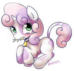 Size: 1000x961 | Tagged: safe, artist:maren, character:sweetie belle, species:cow, g4, bell, bell collar, collar, cowbelle, cowified, eating, hay, mouth hold, smiling, solo, species swap
