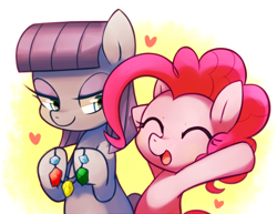 Size: 1320x1020 | Tagged: safe, artist:maren, character:maud pie, character:pinkie pie, species:earth pony, species:pony, episode:maud pie, g4, my little pony: friendship is magic, cute, diapinkes, duo, eyes closed, female, heart, jewelry, mare, maudabetes, necklace, open mouth, rock candy, rock candy necklace, sisters, smiling, when she smiles
