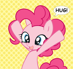 Size: 1210x1134 | Tagged: safe, artist:maren, character:pinkie pie, species:earth pony, species:pony, g4, chibi, cute, dialogue, diapinkes, hug, open mouth, smiling, solo, speech bubble