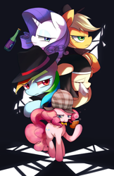 Size: 1229x1900 | Tagged: safe, artist:maren, character:applejack, character:fluttershy, character:pinkie pie, character:rarity, episode:mmmystery on the friendship express, g4, my little pony: friendship is magic, action poster