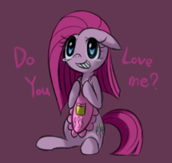Size: 1301x1229 | Tagged: safe, artist:maren, character:pinkamena diane pie, character:pinkie pie, species:earth pony, species:pony, g4, apron, clothing, crying, cute, cuteamena, floppy ears, grin, sitting, smiling, solo, tears of joy