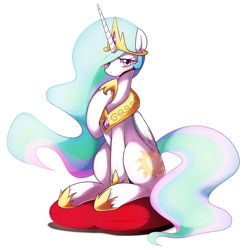 Size: 3545x3577 | Tagged: safe, artist:maren, character:princess celestia, species:alicorn, species:pony, g4, blushing, cute, cutelestia, female, hair over one eye, jewelry, looking at you, mare, necklace, pillow, shy, sitting, smiling, solo