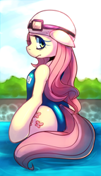 Size: 1301x2277 | Tagged: safe, artist:maren, character:fluttershy, species:pony, g4, bipedal, breasts, clothing, delicious flat chest, female, flattershy, goggles, hat, one-piece swimsuit, school swimsuit, semi-anthro, solo, swimming cap, swimming goggles, swimming pool, swimsuit