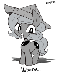 Size: 1400x1751 | Tagged: safe, artist:maren, character:princess luna, moonstuck, g4, cartographer's cap, chibi, clothing, cute, filly, grayscale, grin, hat, looking at you, monochrome, smiling, solo, woona