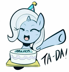 Size: 1781x1850 | Tagged: safe, artist:maren, character:trixie, species:pony, species:unicorn, g4, birthday, eyes closed, female, happy, happy birthday, mare, open mouth, solo