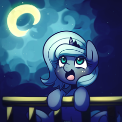 Size: 2000x2000 | Tagged: safe, artist:maren, character:princess luna, species:alicorn, species:pony, g4, cloud, cloudy, crescent moon, cute, featured on derpibooru, filly, happy, leaning, looking up, lunabetes, moon, open mouth, sitting, smiling, solo, underhoof, woona, younger