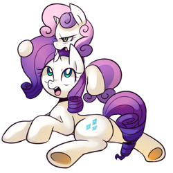 Size: 2000x2000 | Tagged: safe, artist:maren, character:rarity, character:sweetie belle, g4, bored, clinging, looking up, lying down, pony pile, prone, simple background, surprised, underhoof