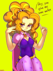 Size: 2200x2936 | Tagged: safe, artist:maren, character:adagio dazzle, species:human, equestria girls:rainbow rocks, g4, my little pony:equestria girls, adoragio, breasts, cleavage, clothing, cute, dialogue, female, gem, jewelry, leggings, looking at you, necklace, orange hair, pendant, pink eyes, simple background, siren gem, solo, spiked headband, talking to viewer, yellow background
