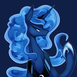 Size: 2000x2000 | Tagged: safe, artist:maren, character:princess luna, species:alicorn, species:pony, g4, art challenge, looking at you, simple background, smiling, smirk, solo