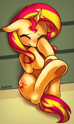 Size: 1075x1800 | Tagged: safe, artist:maren, character:sunset shimmer, species:pony, species:unicorn, equestria girls:rainbow rocks, g4, my little pony:equestria girls, blushing, embarrassed, equestria girls ponified, eyes closed, floppy ears, gritted teeth, leaning, ponified, sad, scene interpretation, sitting, solo, sunsad shimmer, underhoof