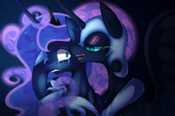 Size: 1200x800 | Tagged: safe, artist:maren, character:nightmare moon, character:princess luna, species:alicorn, species:pony, g4, bedroom eyes, crying, duality, female, gritted teeth, holding, inspired, mare, open mouth, scared, smiling, wide eyes