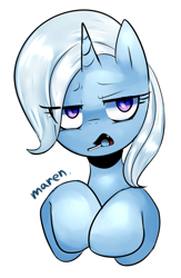 Size: 1303x2000 | Tagged: safe, artist:maren, character:trixie, species:pony, species:unicorn, g4, candy, fangs, female, lollipop, mare, open mouth, solo