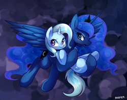 Size: 2800x2200 | Tagged: safe, artist:maren, character:princess luna, character:trixie, species:pony, species:unicorn, ship:luxie, g4, blushing, bridal carry, carrying, cloud, cloudy, female, flying, lesbian, mare, night, shipping, storm