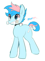 Size: 1687x2287 | Tagged: safe, artist:maren, oc, oc only, oc:blue chewings, species:earth pony, species:pony, g4, behaving like a dog, bone, mouth hold, multicolored hair, solo
