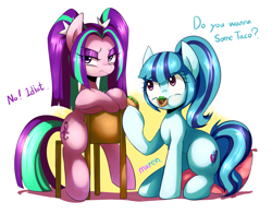 Size: 1951x1531 | Tagged: safe, artist:maren, character:aria blaze, character:sonata dusk, species:pony, equestria girls:rainbow rocks, g4, my little pony:equestria girls, :t, annoyed, ariabetes, chair, cute, dialogue, eating, equestria girls ponified, food, frown, mouth hold, nom, ponified, puffy cheeks, sonatabetes, sonataco, taco, tsundaria, tsundere