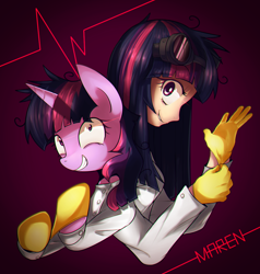 Size: 1142x1200 | Tagged: safe, artist:maren, character:twilight sparkle, species:human, g4, clothing, duality, gloves, goggles, grin, human ponidox, humanized, lab coat, looking at you, mad scientist, twilight snapple
