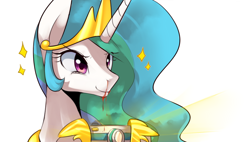 Size: 1022x579 | Tagged: safe, artist:maren, character:princess celestia, species:pony, g4, blood, camera, female, hoof hold, mare, nosebleed, reaction image, simple background, smiling, solo, sparkles, stars, white background