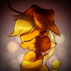 Size: 2000x2000 | Tagged: safe, artist:maren, character:applejack, character:winona, species:dog, species:earth pony, species:pony, g4, applejack's hat, border collie, clothing, cowboy hat, crying, cute, dawwww, eyes closed, happy, hat, heartwarming, hnnng, hug, jackabetes, open mouth, smiling, sweet dreams fuel, tears of joy, winonabetes