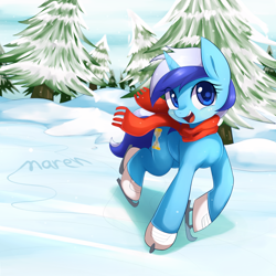 Size: 1200x1200 | Tagged: safe, artist:maren, character:minuette, species:pony, species:unicorn, g4, clothing, cute, featured on derpibooru, ice skates, ice skating, looking at you, minubetes, open mouth, scarf, smiling, snow, solo, tree, winter
