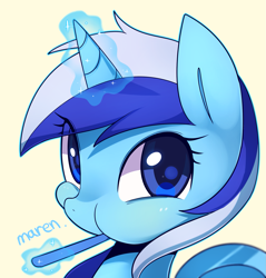 Size: 1723x1800 | Tagged: safe, artist:maren, character:minuette, species:pony, species:unicorn, g4, brushing teeth, commission, cute, female, levitation, looking at you, magic, mare, minubetes, signature, simple background, solo, sweet dreams fuel, toothbrush