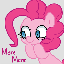 Size: 1000x1000 | Tagged: safe, artist:adequality, artist:maren, character:pinkie pie, species:earth pony, species:pony, g4, crying, moar, more, reaction image, smiling, solo, stare, waiting, wide eyes