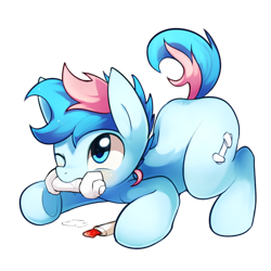 Size: 750x750 | Tagged: safe, artist:maren, oc, oc only, oc:blue chewings, species:earth pony, species:pony, g4, behaving like a dog, nom, solo