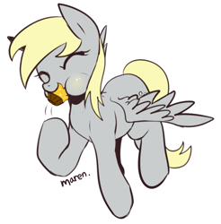 Size: 747x759 | Tagged: safe, artist:maren, character:derpy hooves, species:pegasus, species:pony, g4, cute, eyes closed, female, food, mare, muffin, simple background, solo, that pony sure does love muffins, white background