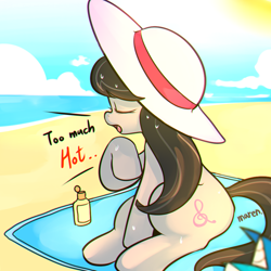 Size: 1000x1000 | Tagged: safe, artist:maren, character:octavia melody, species:earth pony, species:pony, g4, backwards cutie mark, beach, chromatic aberration, clothing, engrish, hat, hot, ocean, solo, summer, sweat