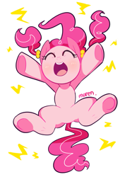 Size: 851x1205 | Tagged: dead source, safe, artist:maren, character:pinkie pie, species:earth pony, species:pony, g4, alternate hairstyle, cute, diapinkes, eyes closed, open mouth, pigtails, simple background, solo, underhoof, white background