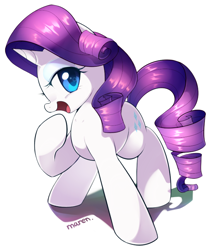 Size: 656x779 | Tagged: safe, artist:maren, character:rarity, species:pony, species:unicorn, g4, looking at you, open mouth, raised hoof, solo