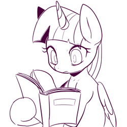 Size: 1600x1600 | Tagged: safe, artist:maren, character:twilight sparkle, character:twilight sparkle (alicorn), species:alicorn, species:pony, g4, adorkable, book, cute, dork, female, hoof hold, lineart, mare, monochrome, reading, solo, twiabetes, wide eyes