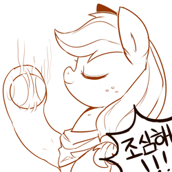 Size: 1600x1600 | Tagged: safe, artist:maren, character:applejack, species:earth pony, species:pony, g4, baseball, catching, eyes closed, grayscale, hoof hold, korean, monochrome, neckerchief, simple background, smiling, solo, sports, translated in the comments