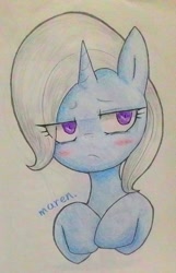 Size: 900x1395 | Tagged: safe, artist:maren, character:trixie, species:pony, species:unicorn, g4, blushing, female, mare, solo, traditional art