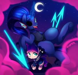 Size: 2000x1908 | Tagged: safe, artist:maren, character:lily longsocks, character:princess luna, species:alicorn, species:earth pony, species:pony, g4, background pony, carrying, clothing, costume, cute, eyepatch, female, filly, frisk, holding, looking at you, looking up, magic, mare, moon, night, nightmare night, open mouth, pippi longstocking, sharp teeth, shirt, sitting, smiling, spear, strong, super strength, telekinesis, tongue out, underhoof, undertale, undyne