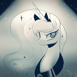 Size: 1000x1000 | Tagged: safe, artist:maren, character:princess luna, species:alicorn, species:pony, g4, bedroom eyes, frown, looking at you, monochrome, portrait, solo