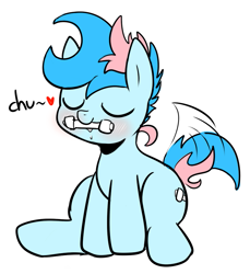 Size: 845x923 | Tagged: safe, artist:maren, oc, oc only, oc:blue chewings, species:earth pony, species:pony, g4, behaving like a dog, chew toy, chu, mouth hold, multicolored hair, solo