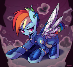 Size: 1000x910 | Tagged: safe, artist:maren, character:rainbow dash, species:pegasus, species:pony, episode:the cutie re-mark, g4, alternate timeline, apocalypse dash, armor, augmented, biohacking, crystal war timeline, frown, gritted teeth, lidded eyes, military uniform, prosthetic limb, prosthetic wing, prosthetics, scar, solo, spread wings, torn ear, wings